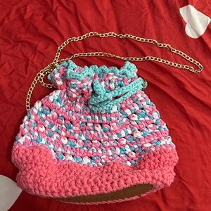 Pink and Blue Crochet Bag with Chain Strap